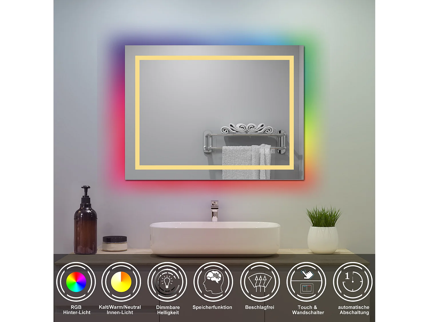 AICA Badspiegel mit RGB-Beleuchtung 80x60cm Beschlagfrei 3 Lichtfarbe Dimmbar Memory-Funktion