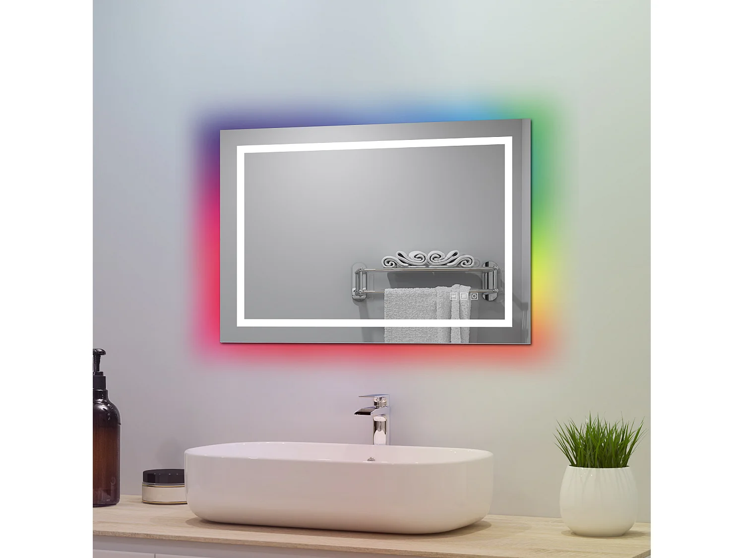 AICA Badspiegel mit RGB-Beleuchtung 80x60cm Beschlagfrei 3 Lichtfarbe Dimmbar Memory-Funktion