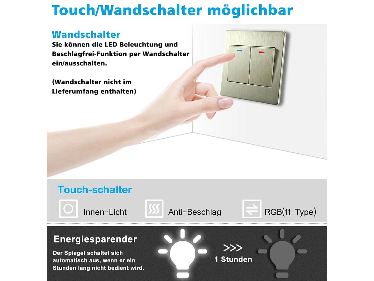 AICA Badspiegel mit RGB-Beleuchtung 80x60cm Beschlagfrei 3 Lichtfarbe Dimmbar Memory-Funktion