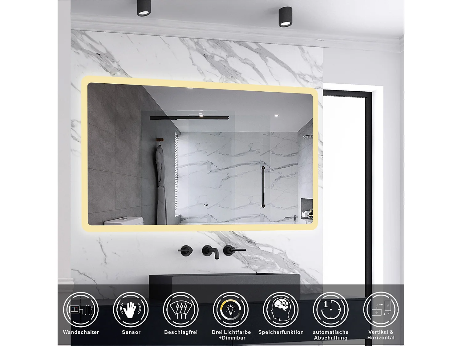 AICA Badspiegel mit Beleuchtung 140x80cm Sensor-Schalter Beschlagfrei 3 Lichtfarbe+Dimmbar Memory-Funktion