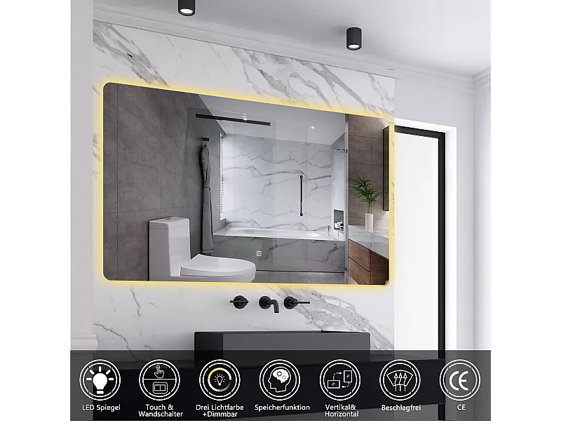 AICA LED Badspiegel 80x60cm Wand/Touchschalter Anti-Beschlag 3 Lichfarbe+Dimmbar Memory-Funktion
