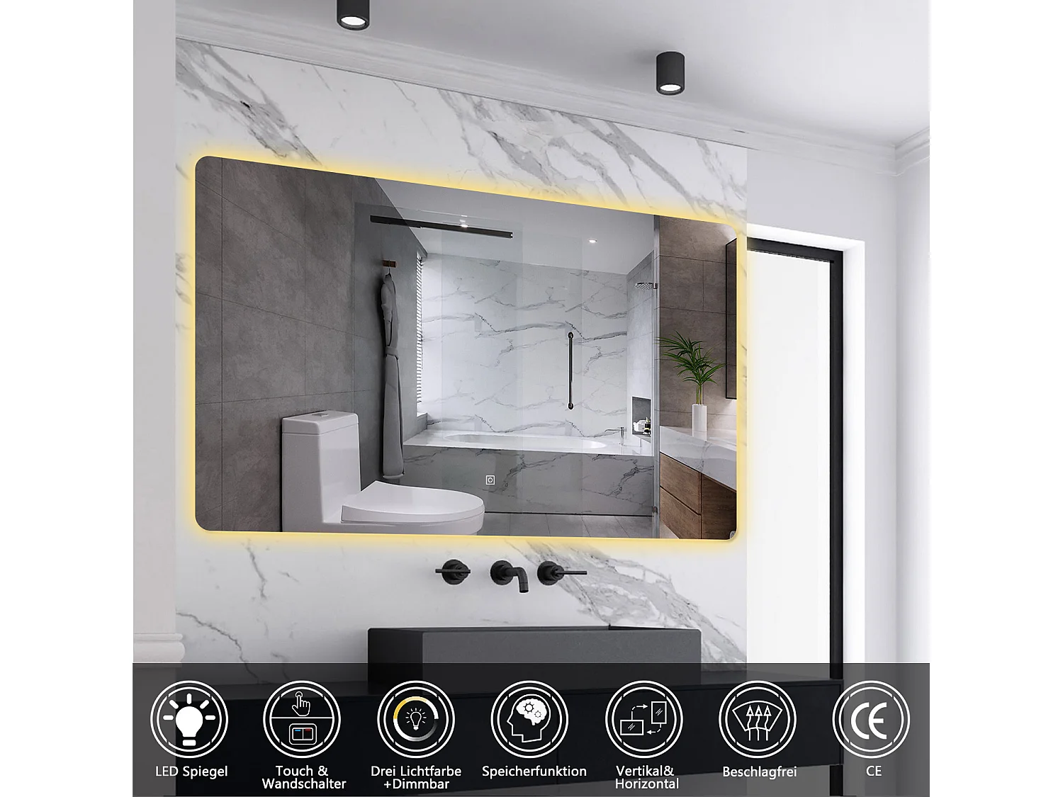 AICA LED Badspiegel 80x60cm Wand/Touchschalter Anti-Beschlag 3 Lichfarbe+Dimmbar Memory-Funktion