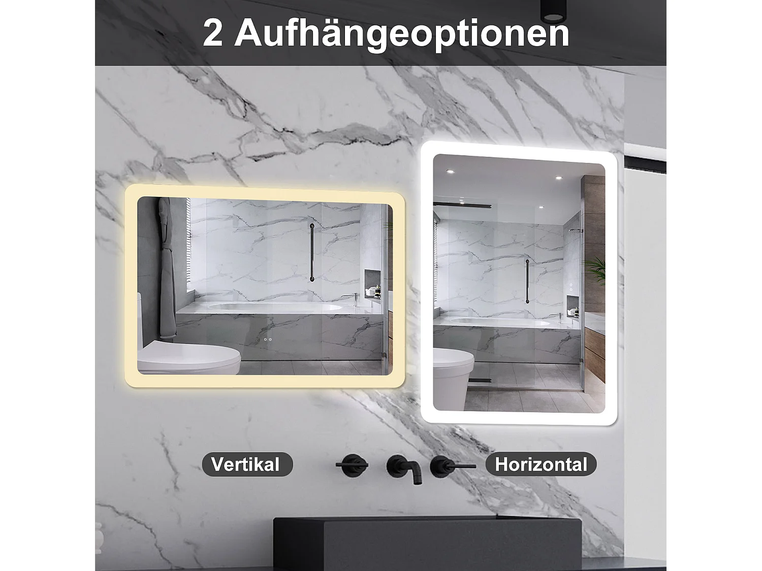 AICA Badspiegel mit Beleuchtung 80x60cm Sensor-Schalter Beschlagfrei 3 Lichtfarbe+Dimmbar Memory-Funktion