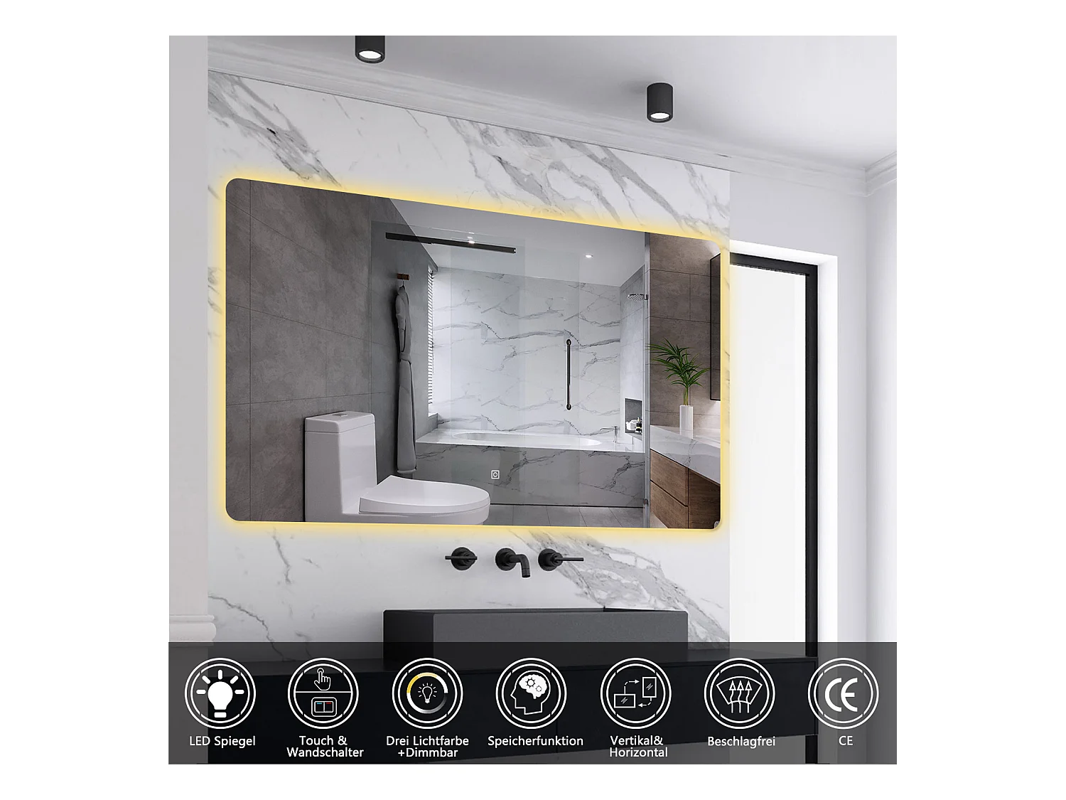 AICA LED Badspiegel 100x70cm Wand/Touchschalter Anti-Beschlag 3 Lichfarbe+Dimmbar Memory-Funktion