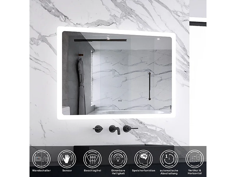 AICA Badspiegel mit Beleuchtung 80x60cm Sensor-Schalter Beschlagfrei Kaltweiß dimmbar Memory-Funktion