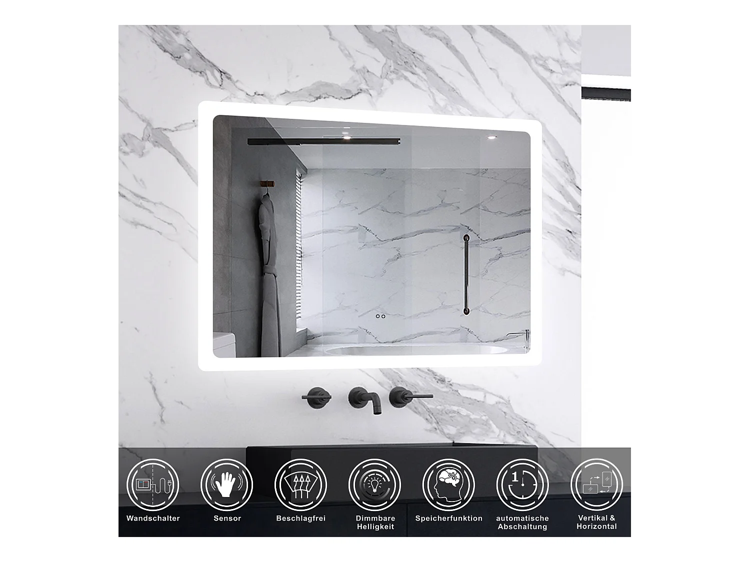 AICA Badspiegel mit Beleuchtung 80x60cm Sensor-Schalter Beschlagfrei Kaltweiß dimmbar Memory-Funktion