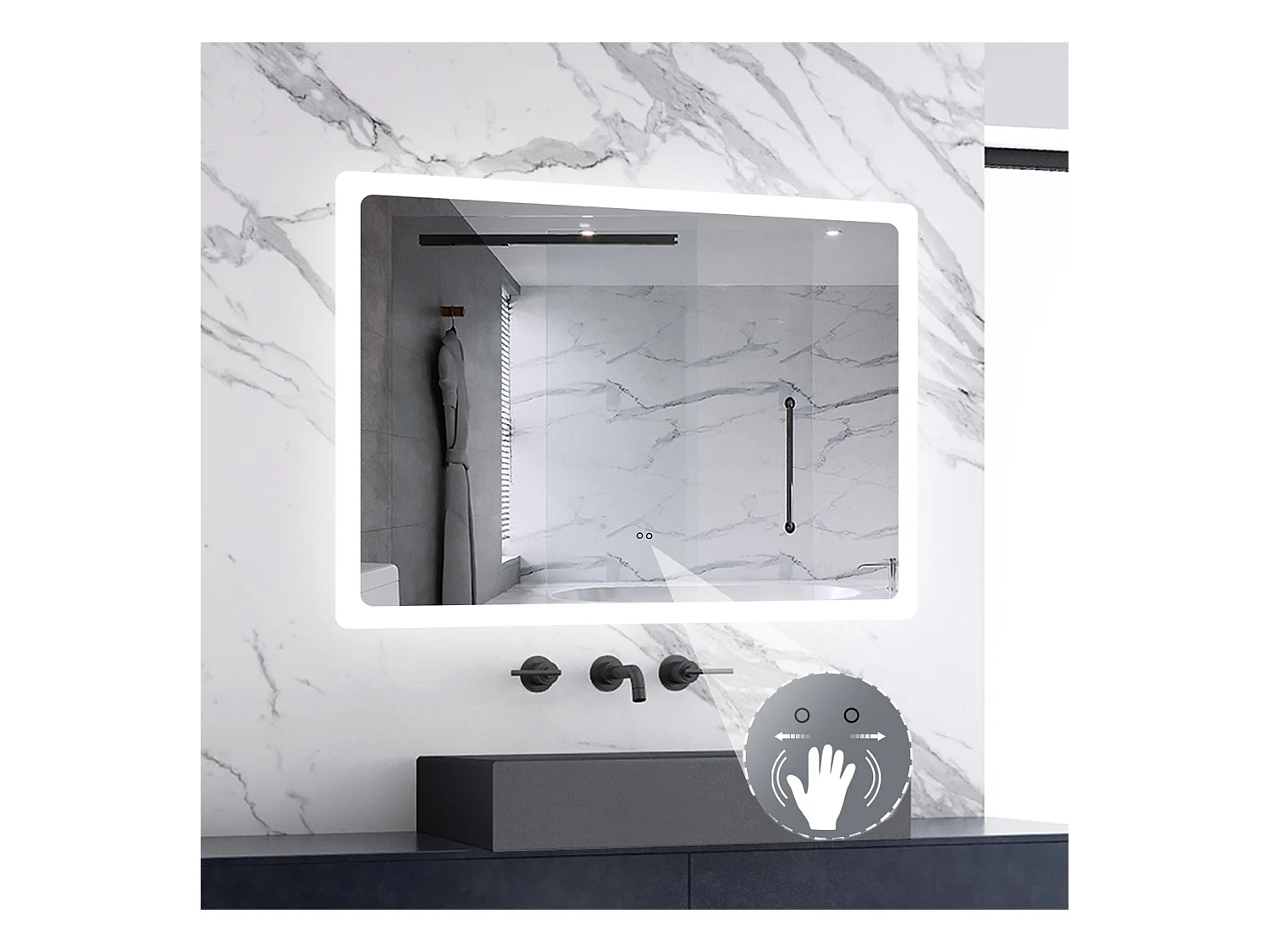 AICA Badspiegel mit Beleuchtung 80x60cm Sensor-Schalter Beschlagfrei Kaltweiß dimmbar Memory-Funktion