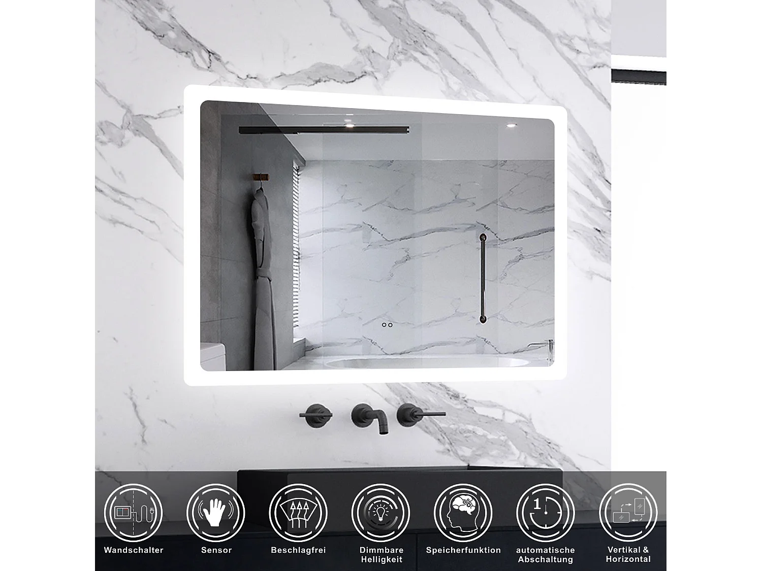 AICA Badspiegel mit Beleuchtung 80x60cm Sensor-Schalter Beschlagfrei Kaltweiß dimmbar Memory-Funktion