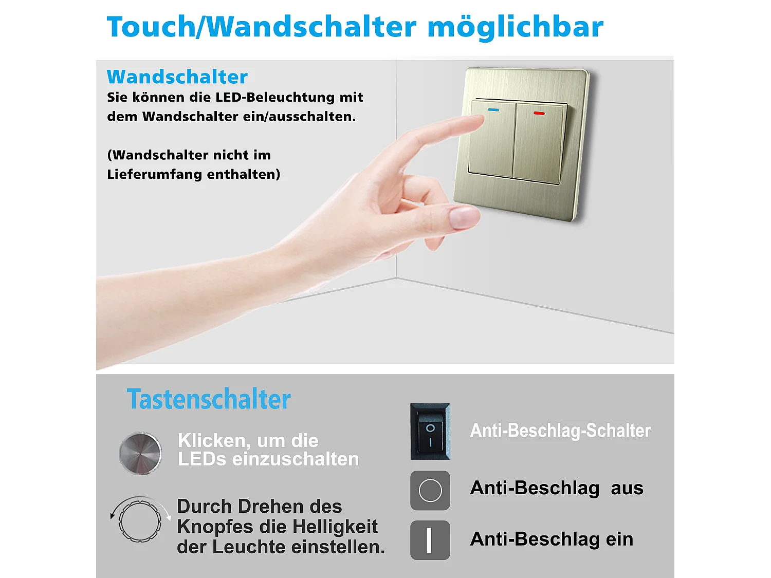 AICA LED Badspiegel mit Knopfschalter 120x70cm Beschlagfrei Kaltweiß Dimmbar Memory-Funktion