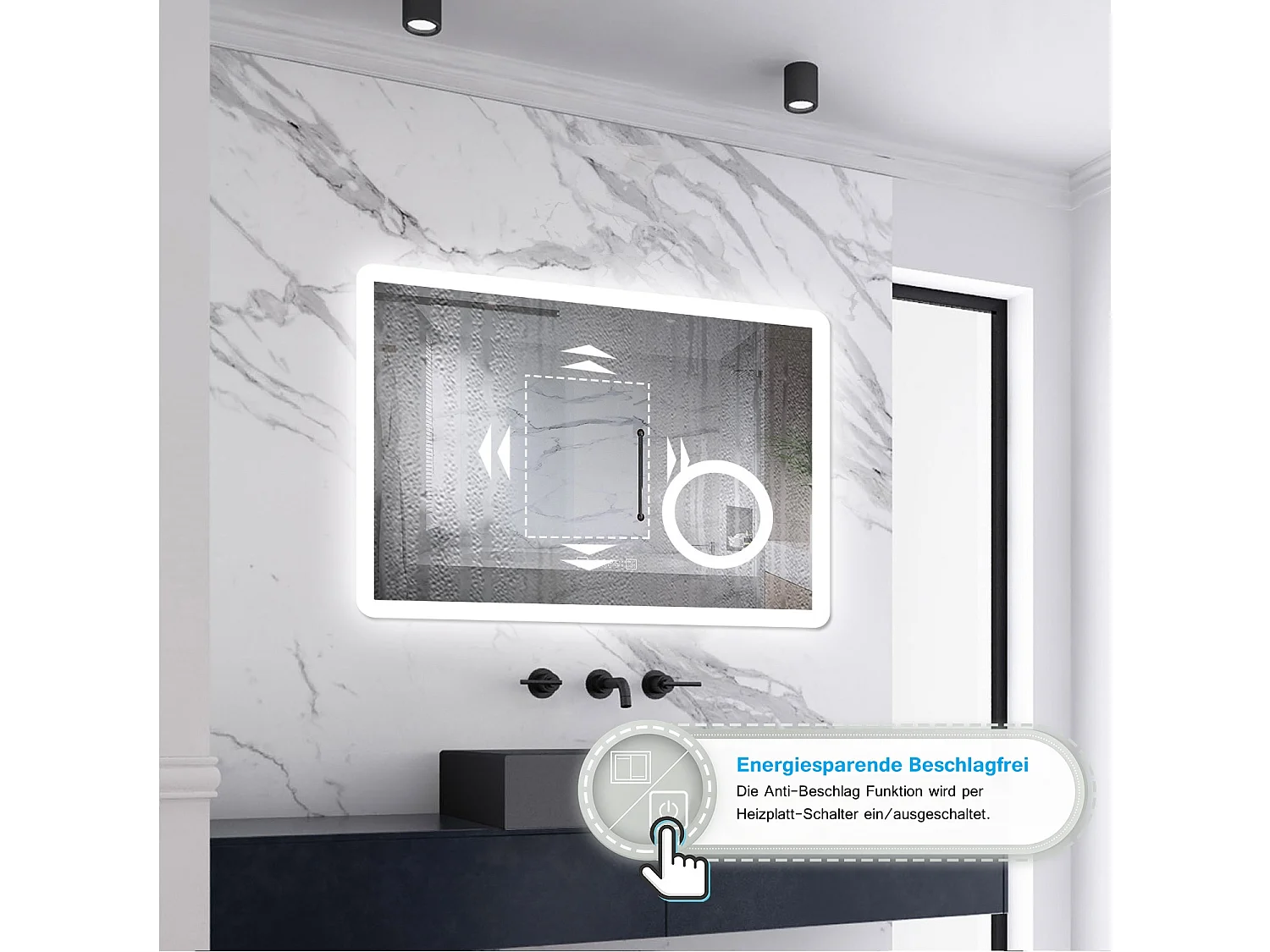 AICA LED Wandspiegel mit Steckdose 70x50cm Uhr Kosmetikspiegel Beschlagfrei 3 Lichtfarbe+Dimmbar