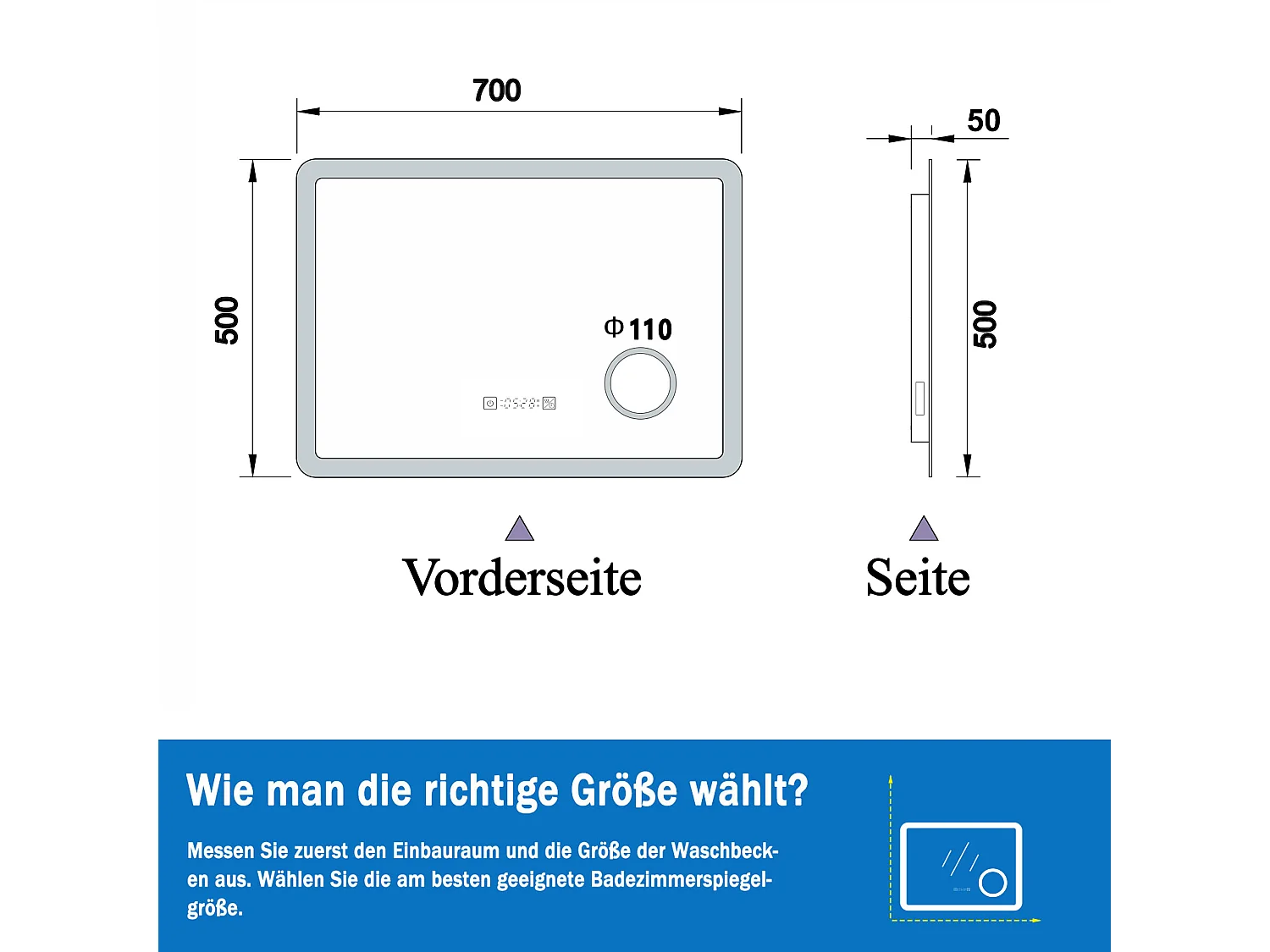 AICA LED Wandspiegel mit Steckdose 70x50cm Uhr Kosmetikspiegel Beschlagfrei 3 Lichtfarbe+Dimmbar