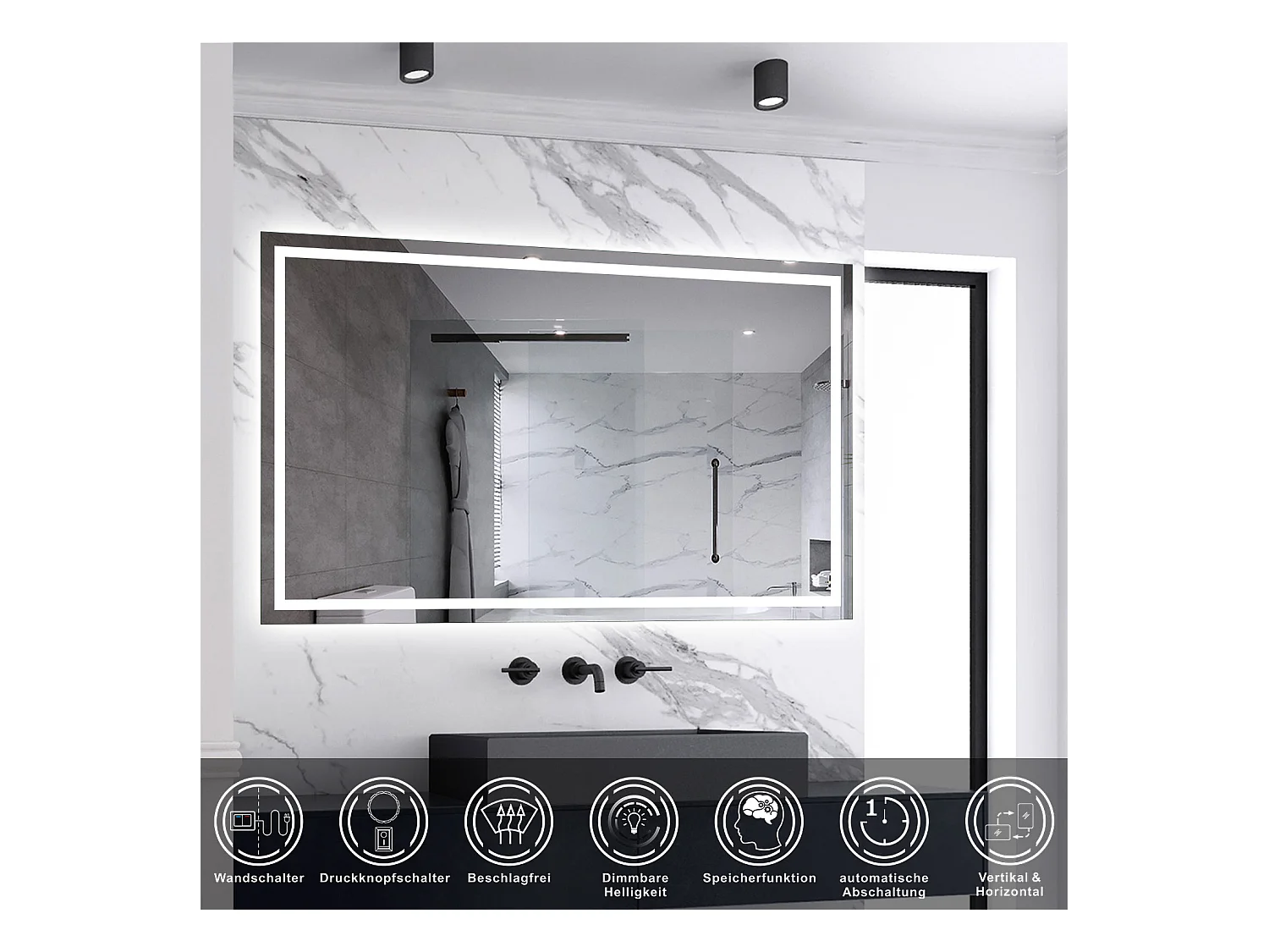 AICA LED Badspiegel mit Knopfschalter 100x60cm Beschlagfrei Kaltweiß Dimmbar Memory-Funktion