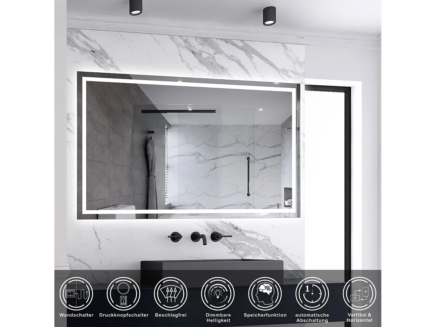 AICA LED Badspiegel mit Knopfschalter 100x60cm Beschlagfrei Kaltweiß Dimmbar Memory-Funktion