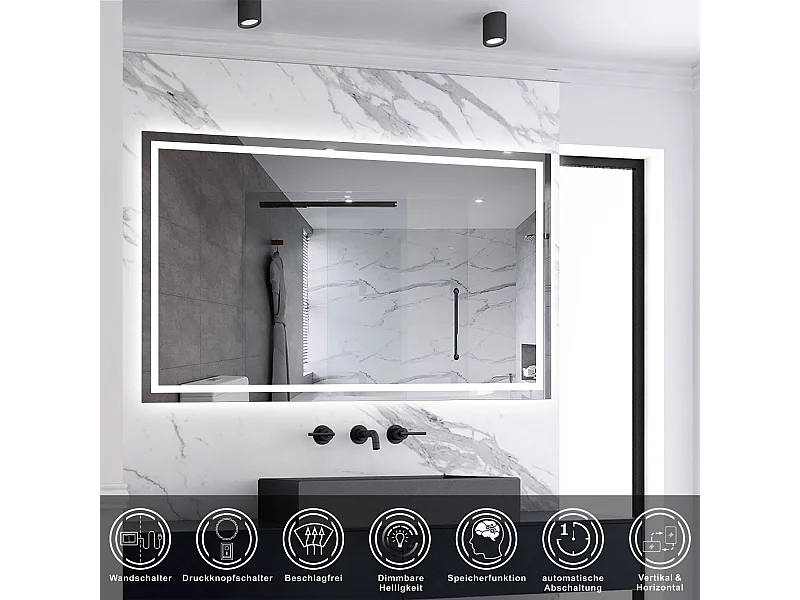 AICA LED Badspiegel mit Knopfschalter 100x60cm Beschlagfrei Kaltweiß Dimmbar Memory-Funktion