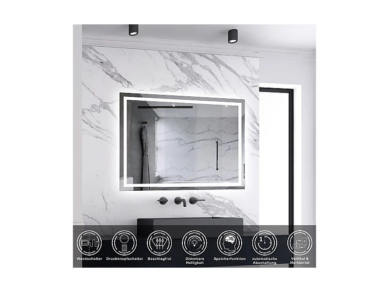AICA LED Badspiegel mit Knopfschalter 80x60cm Beschlagfrei Kaltweiß Dimmbar Memory-Funktion
