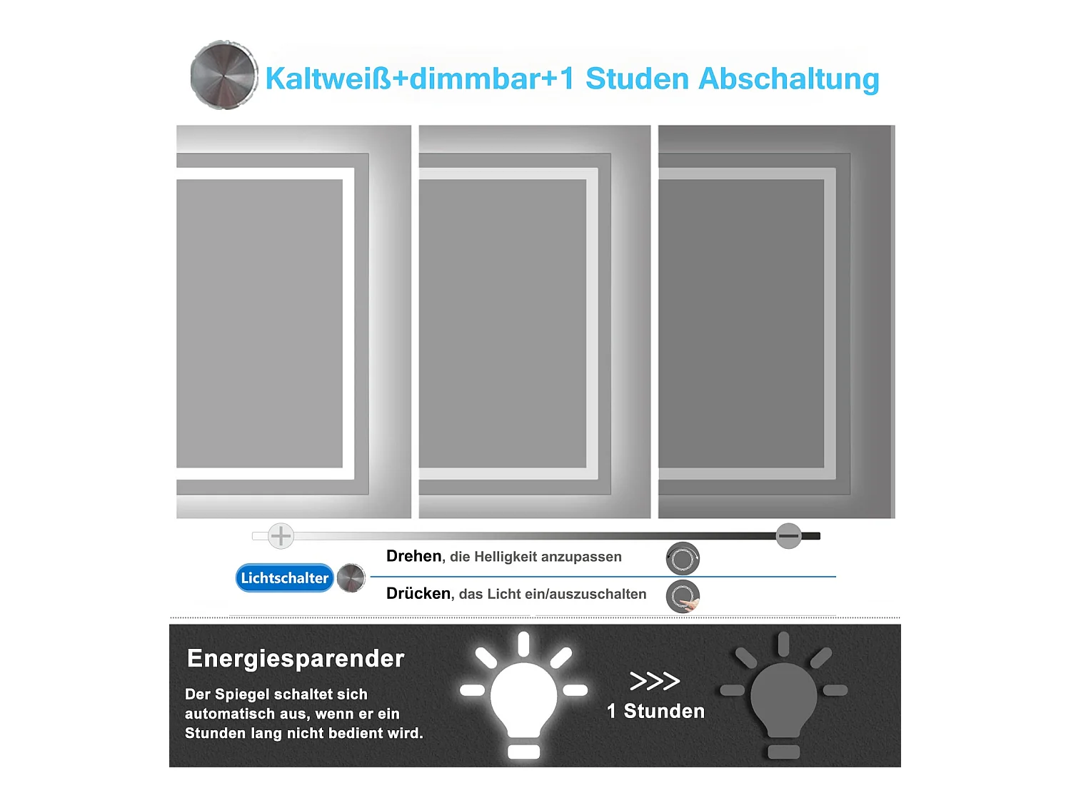 AICA LED Badspiegel mit Knopfschalter 80x60cm Beschlagfrei Kaltweiß Dimmbar Memory-Funktion
