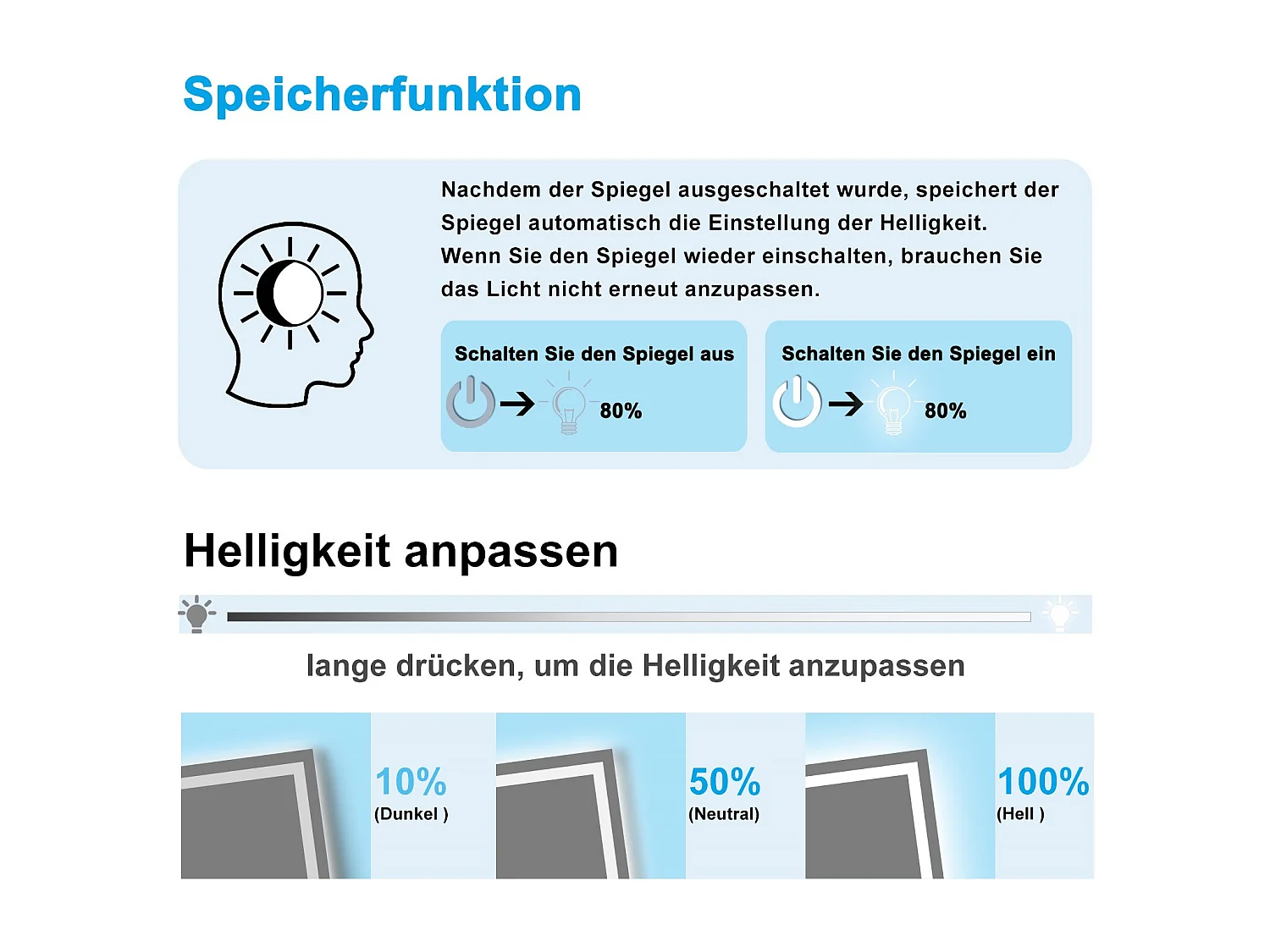 AICA LED Badspiegel mit Knopfschalter 80x60cm Beschlagfrei Kaltweiß Dimmbar Memory-Funktion