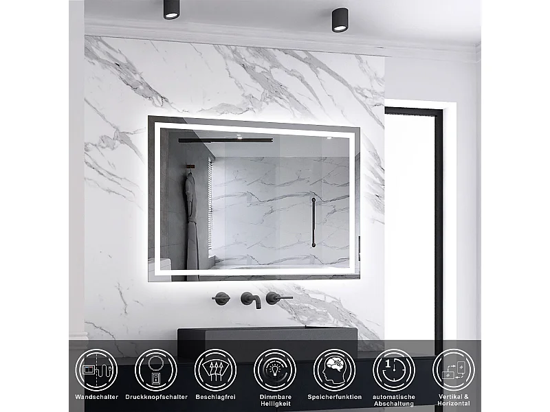 AICA LED Badspiegel mit Knopfschalter 80x60cm Beschlagfrei Kaltweiß Dimmbar Memory-Funktion