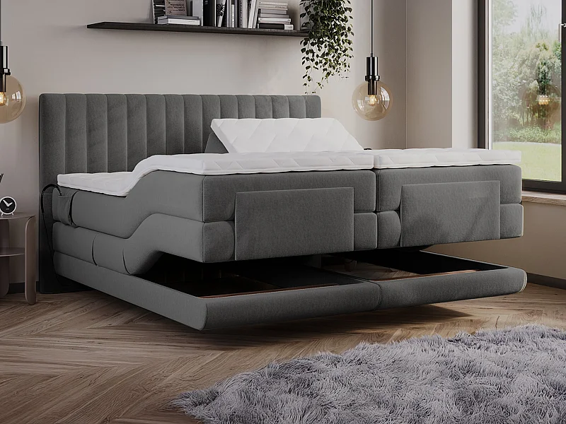 Conjunto completo boxspring cabecero con costuras verticales + somieres de relajación eléctricos + colchón + sobrecolchón - 2 x 90 x 200 cm - Terciopelo - Antracita - DONISI de PALACIO