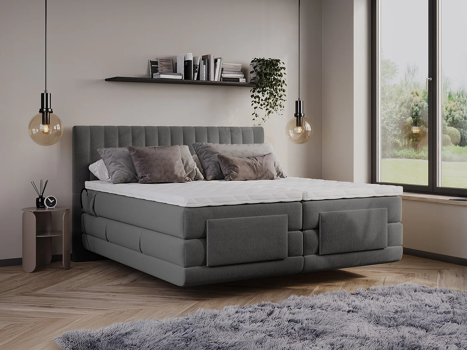 Ensemble complet boxspring tête de lit coutures verticales + sommiers relaxation électrique + matelas + surmatelas - 2 x 90 x 200 cm - Velours - Anthracite - DONISI de PALACIO