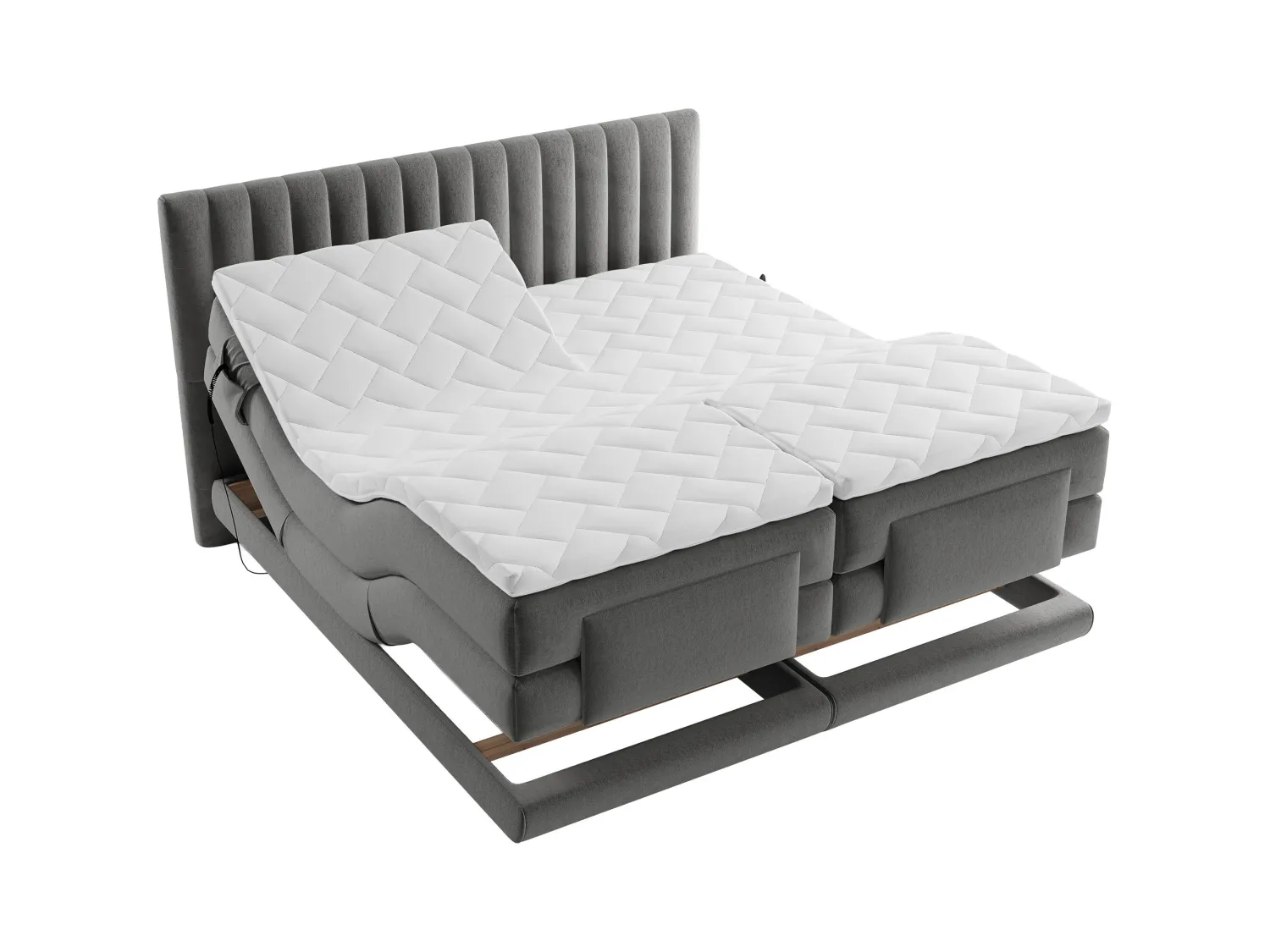 Komplet boxspring-sæt med sengegavl med lodrette syninger + elektrisk justerbar sengeramme + madras + topmadras - 2 x 90 x 200 cm - Velour - Antracit - DONISI fra PALACIO