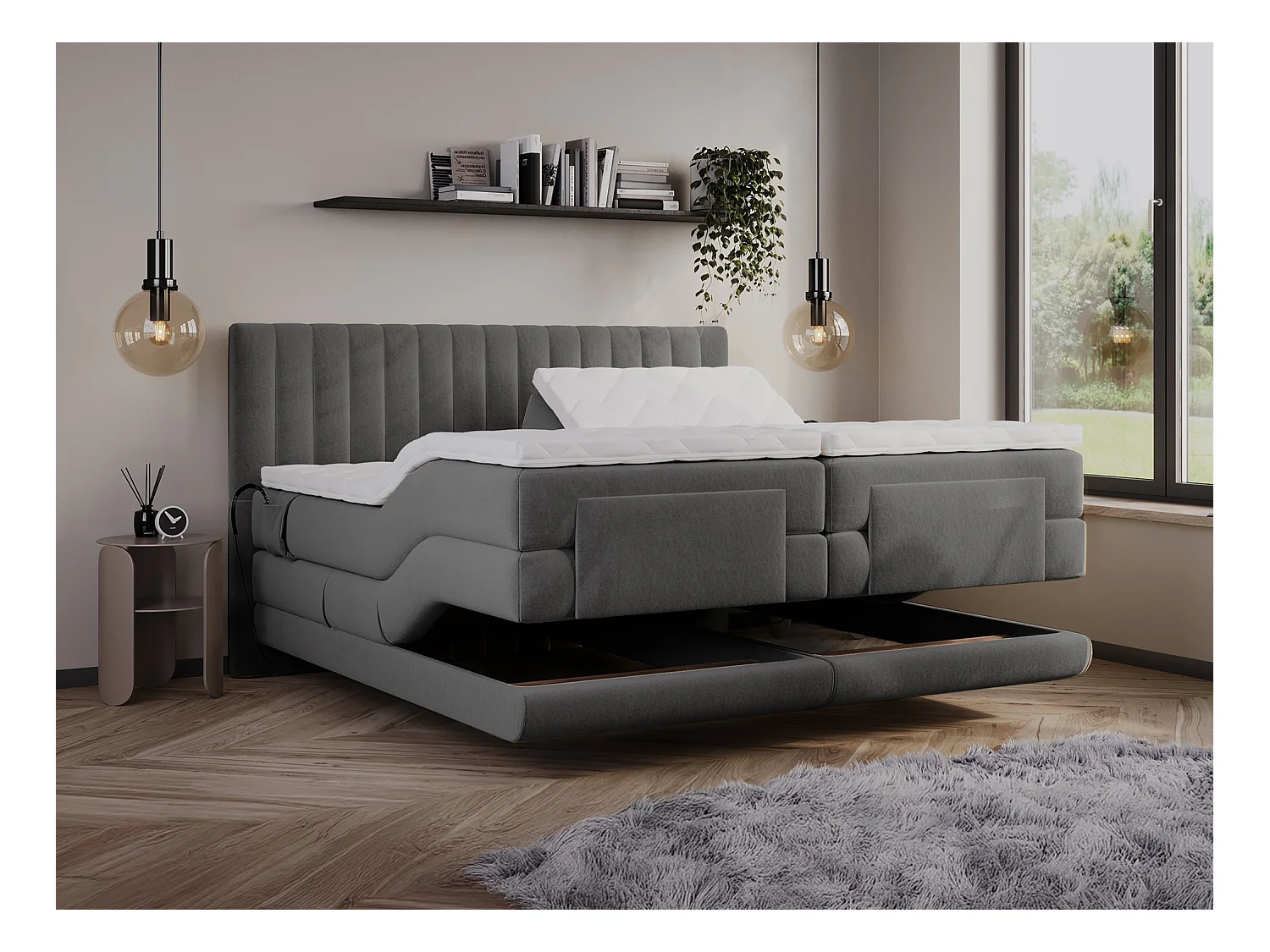 Komplet boxspring-sæt med sengegavl med lodrette syninger + elektrisk justerbar sengeramme + madras + topmadras - 2 x 90 x 200 cm - Velour - Antracit - DONISI fra PALACIO
