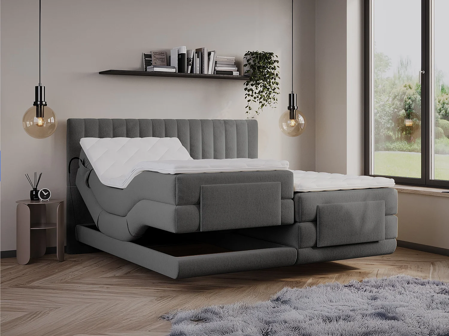Komplet boxspring sæt med vertikale syninger i sengegærde + elektrisk justerbar madrasbase + madras + topmadras - 2 x 80 x 200 cm - Velour - Antracit - DONISI fra PALACIO