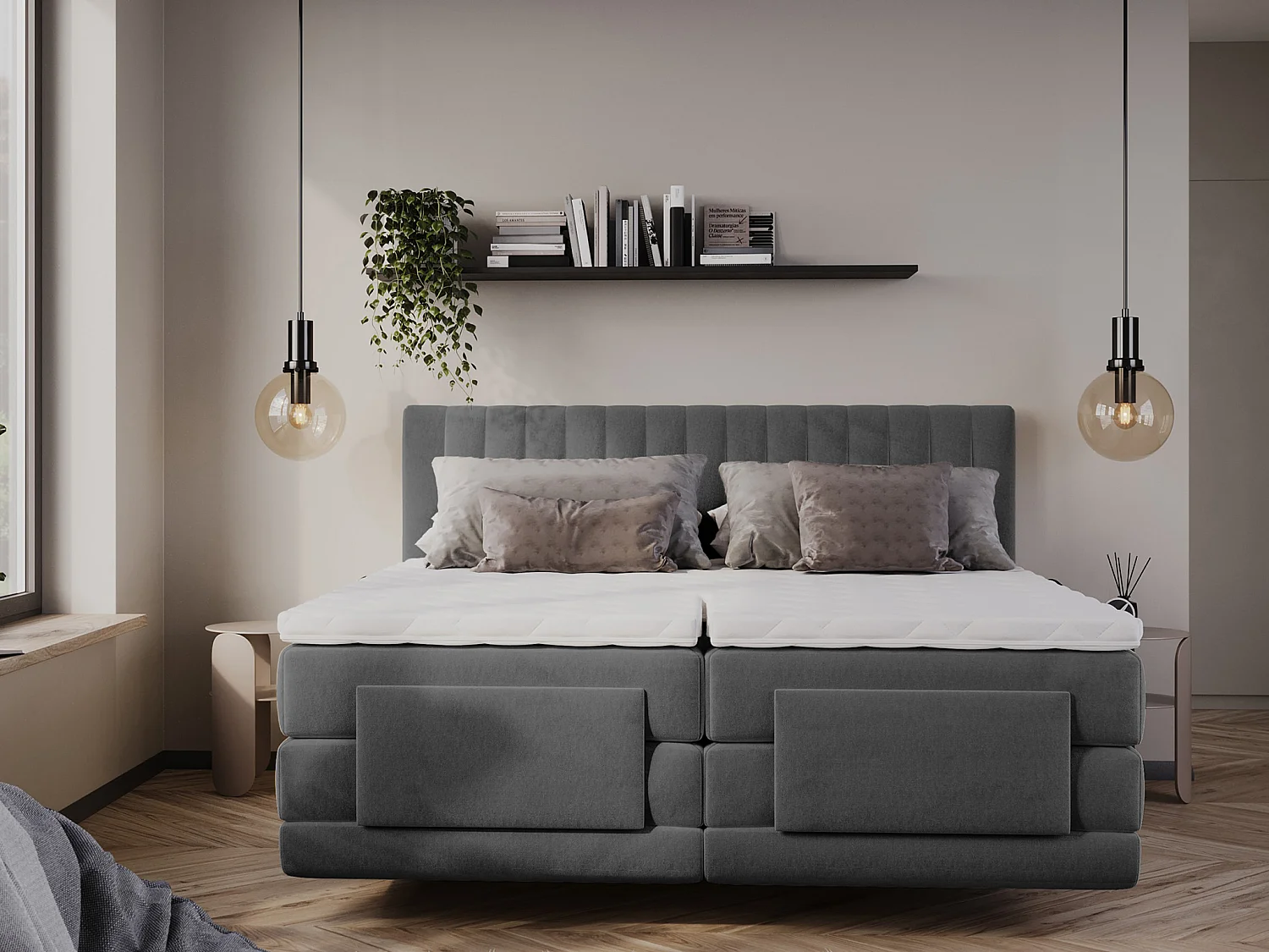 Komplet boxspring sæt med vertikale syninger i sengegærde + elektrisk justerbar madrasbase + madras + topmadras - 2 x 80 x 200 cm - Velour - Antracit - DONISI fra PALACIO