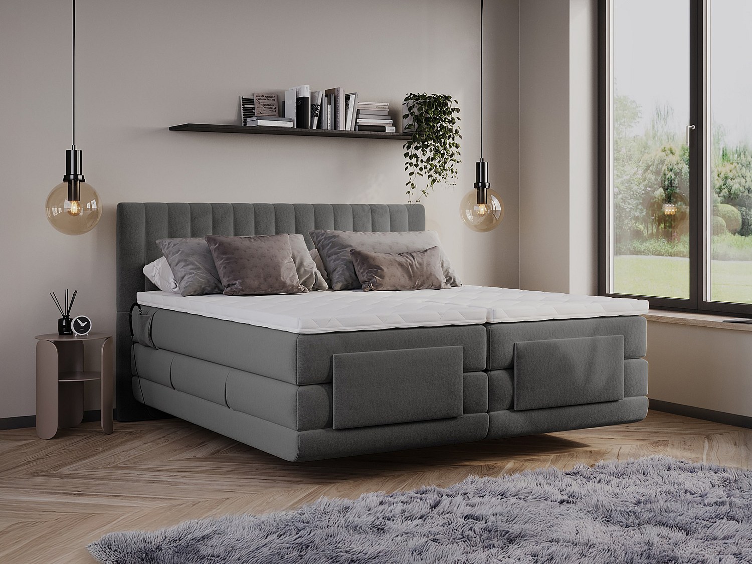 Komplettes Boxspring-Set - Kopfteil mit vertikalen Nähten + elektrischer Re günstig online kaufen