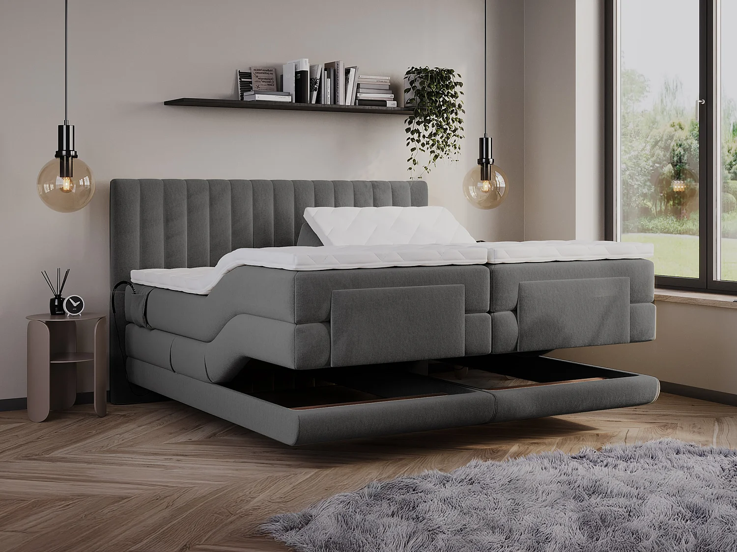 Komplett boxspring-set med sänggavel med vertikala sömmar + elektriska relaxerings-sängbottnar + madrass + bäddmadrass - 2 x 80 x 200 cm - Sammet - Antracit - DONISI från PALACIO