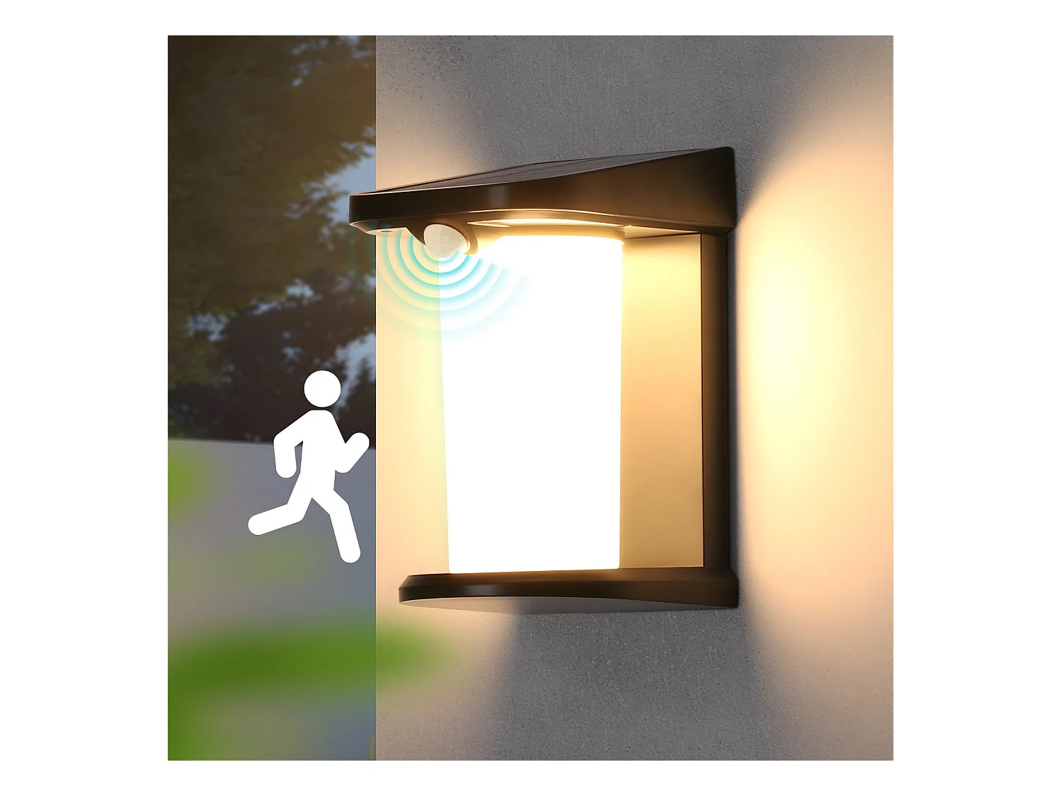 Lámparas solares NETTLIFE para exteriores con sensor de movimiento - Lámpara solar de pared para exteriores 2 modos, impermeable 3000 K, blanco cálido