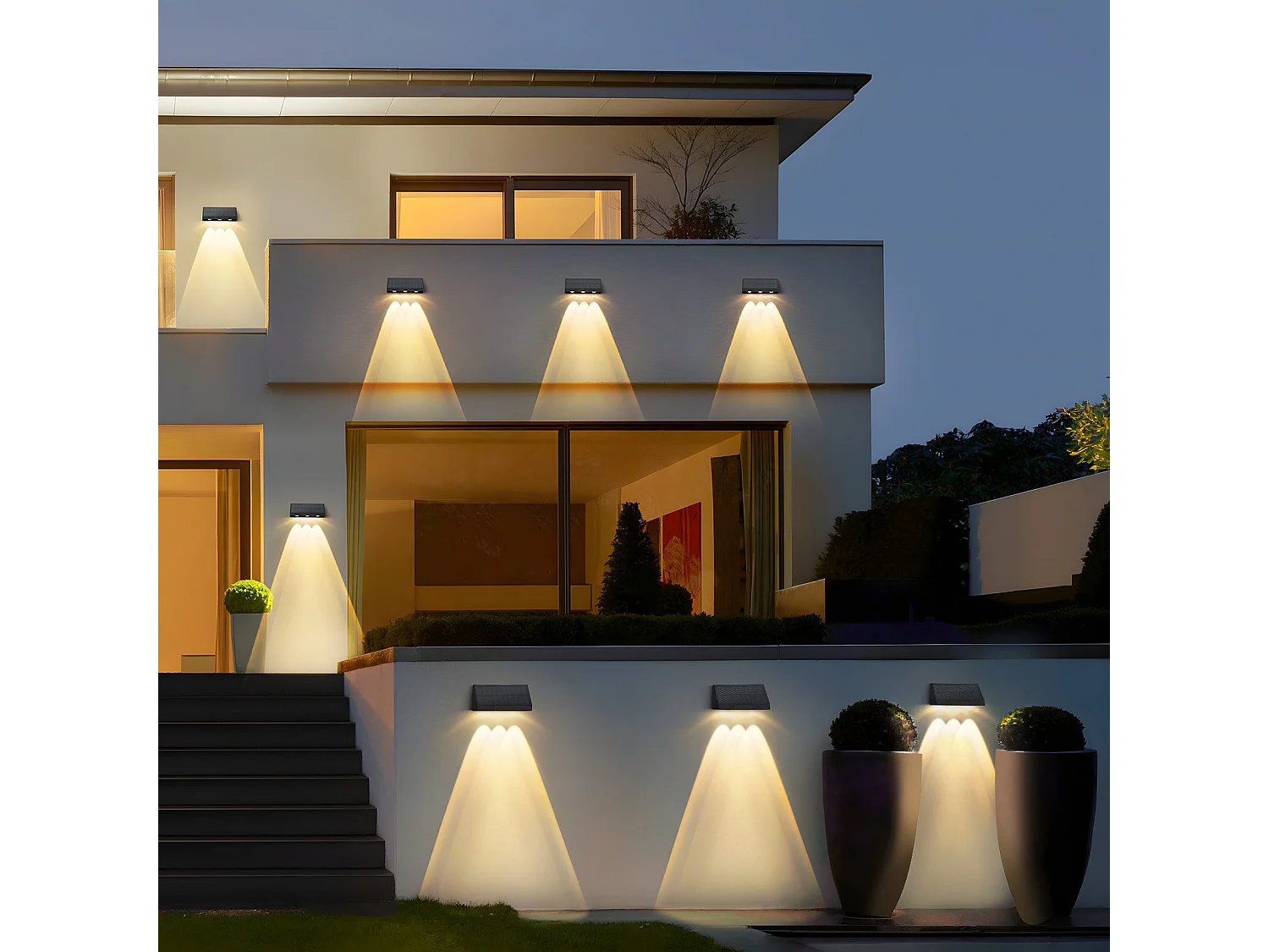 Lampes solaires NETTLIFE pour jardin extérieur - 4 appliques murales solaires LED 2 modes 3000 K blanc chaud