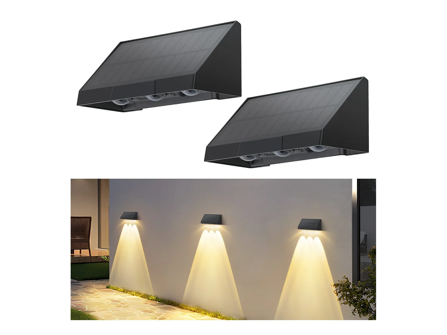 Lampes solaires d'extérieur NETTLIFE - 2 appliques murales solaires d'extérieur à LED, blanc chaud 3 000 K