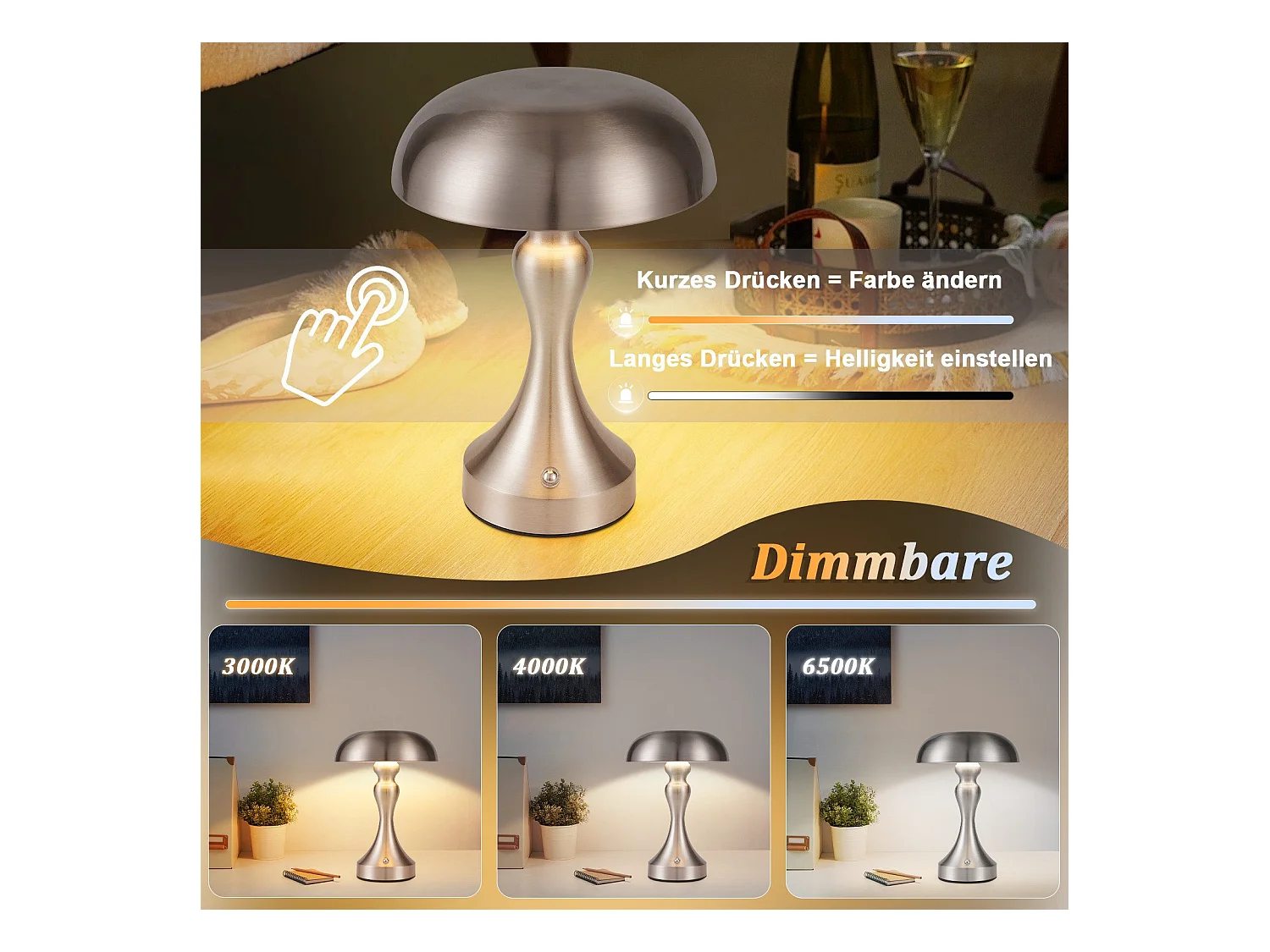 NETTLIFE LED-bedlamp met touchbediening, dimbaar, draadloos, oplaadbaar, vintage stijl