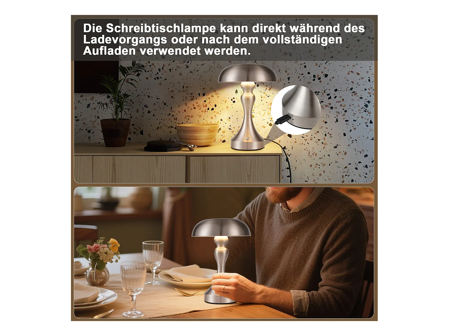 NETTLIFE LED-bedlamp met touchbediening, dimbaar, draadloos, oplaadbaar, vintage stijl