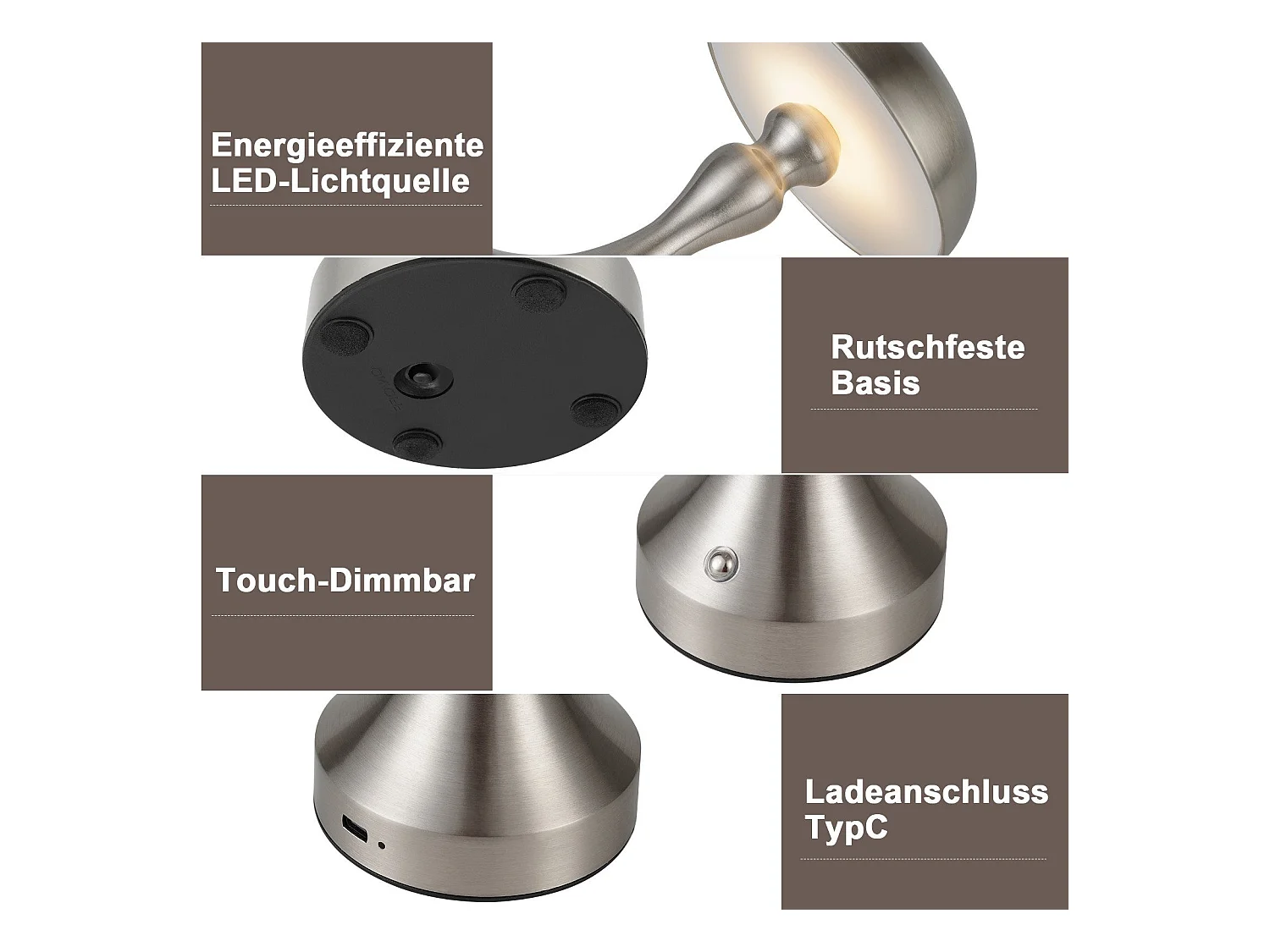 NETTLIFE LED-bedlamp met touchbediening, dimbaar, draadloos, oplaadbaar, vintage stijl