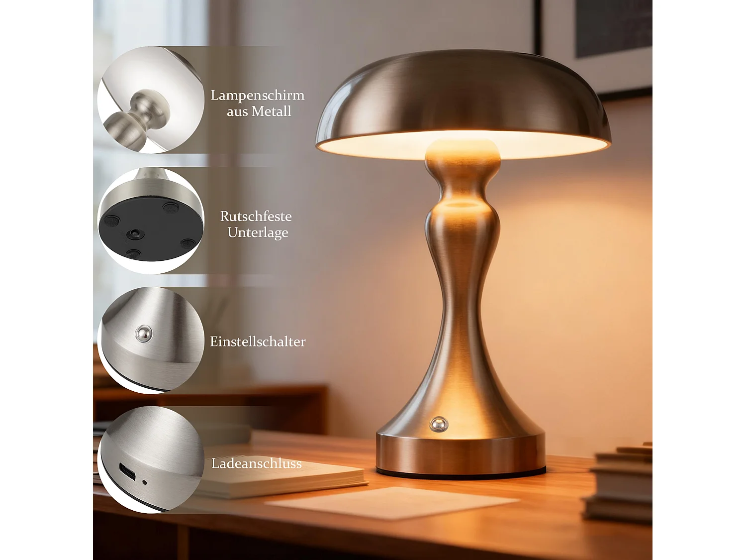 Lampe de chevet LED NETTLIFE tactile, intensité variable, sans fil, rechargeable par USB, style vintage
