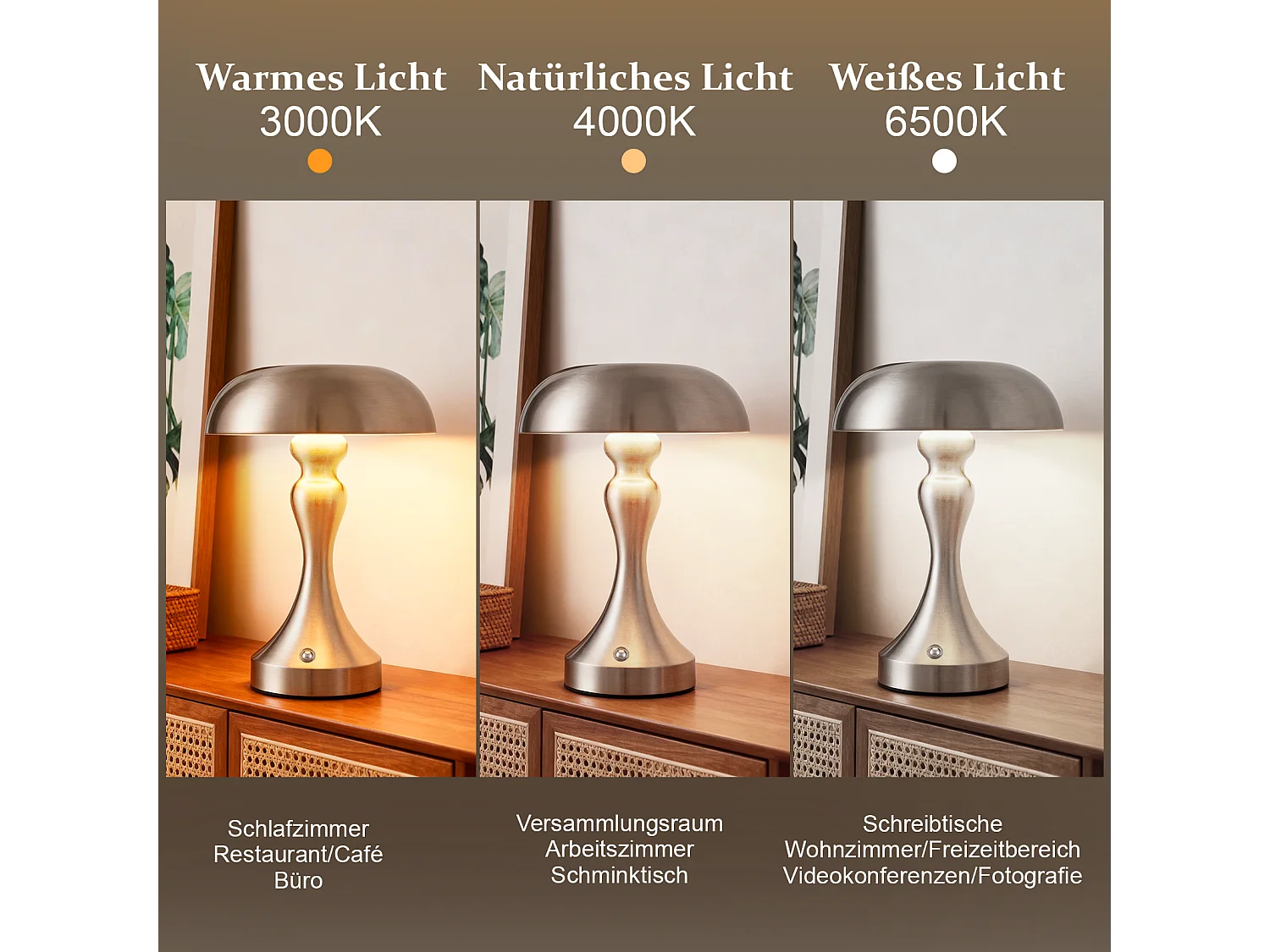 NETTLIFE LED-Nachttischlampe, Touch-dimmbar, kabellos, USB wiederaufladbar, Vintage-Stil