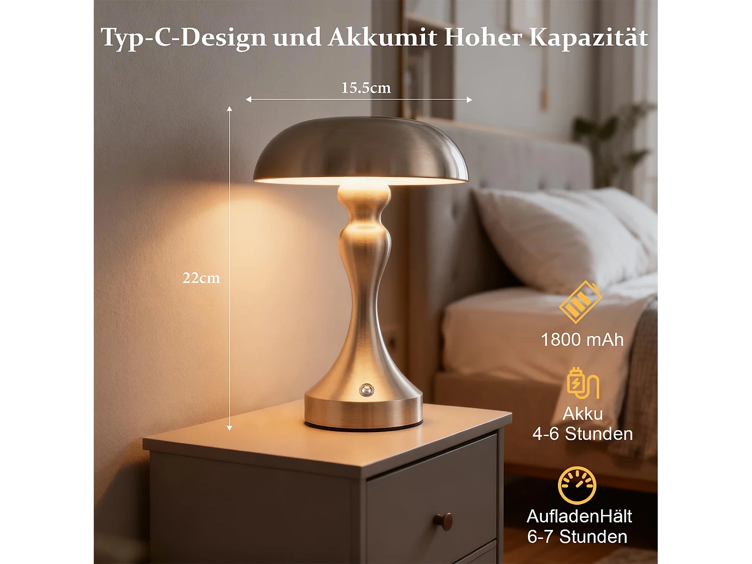 Lampe de chevet LED NETTLIFE tactile, intensité variable, sans fil, rechargeable par USB, style vintage