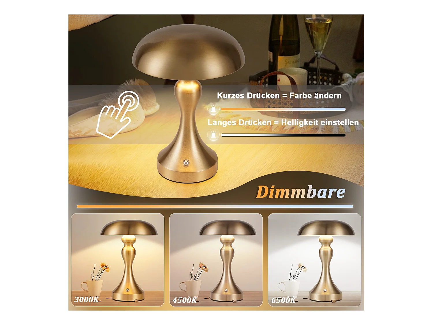 NETTLIFE LED-bedlamp met touchbediening, dimbaar, draadloos, oplaadbaar, vintage stijl