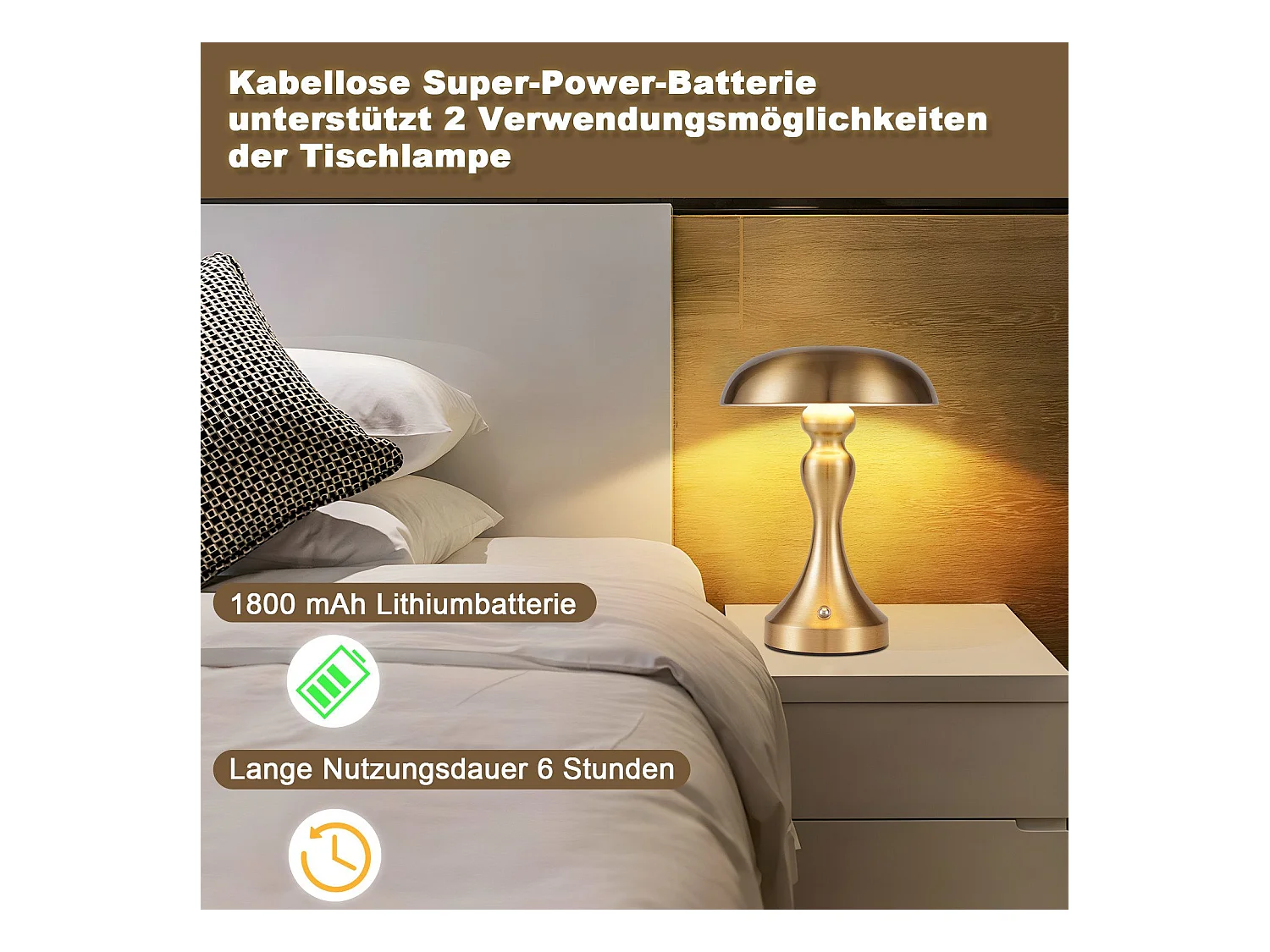 NETTLIFE LED-bedlamp met touchbediening, dimbaar, draadloos, oplaadbaar, vintage stijl