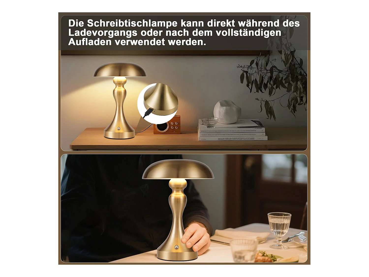 NETTLIFE LED-bedlamp met touchbediening, dimbaar, draadloos, oplaadbaar, vintage stijl