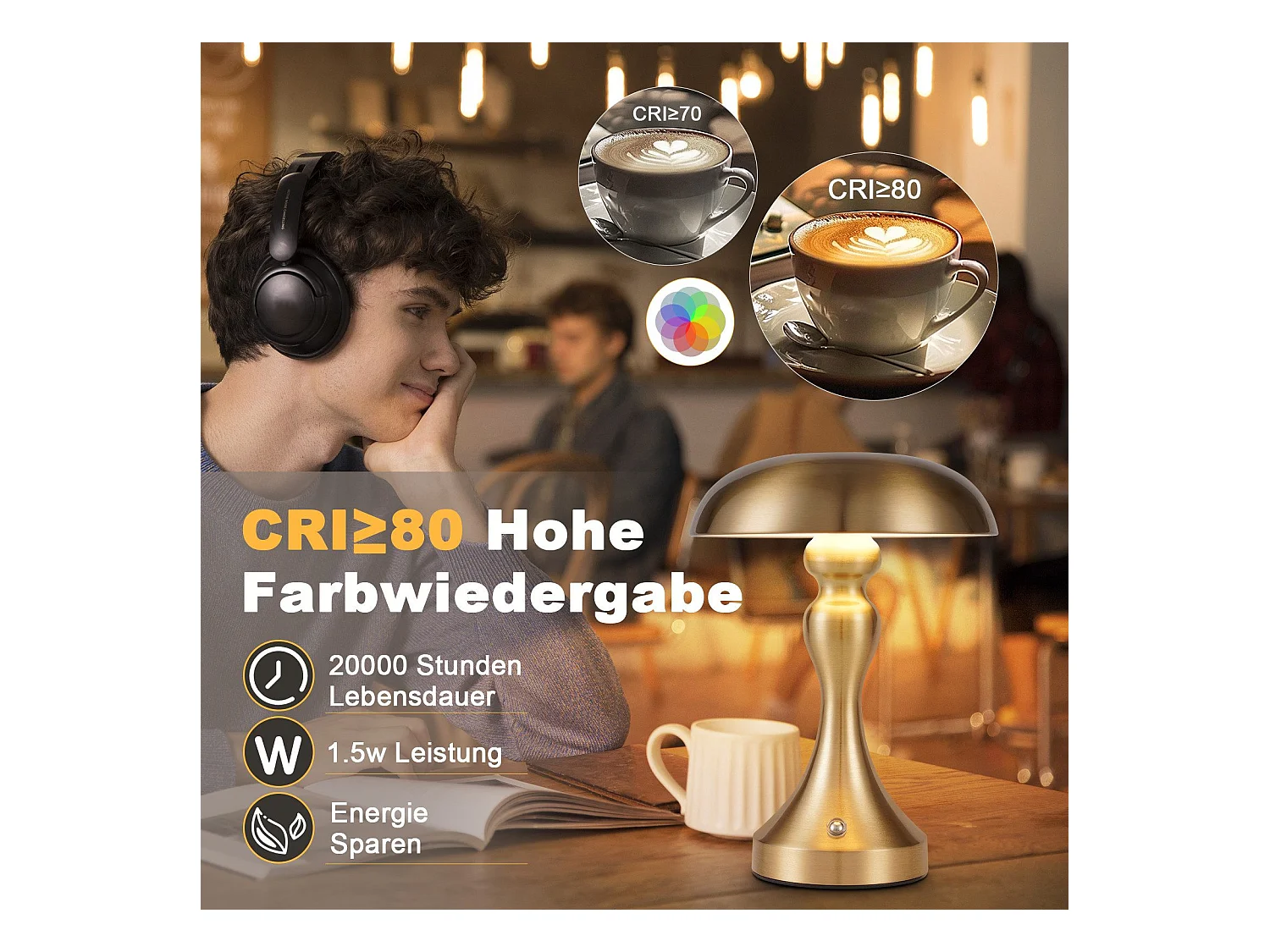 NETTLIFE LED-Nachttischlampe, Touch-dimmbar, kabellos, USB wiederaufladbar, Vintage-Stil