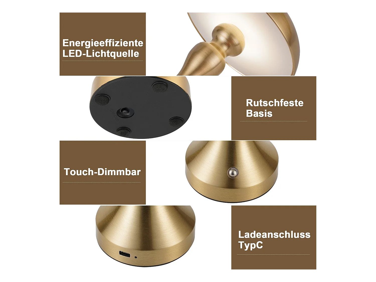 NETTLIFE LED-Nachttischlampe, Touch-dimmbar, kabellos, USB wiederaufladbar, Vintage-Stil