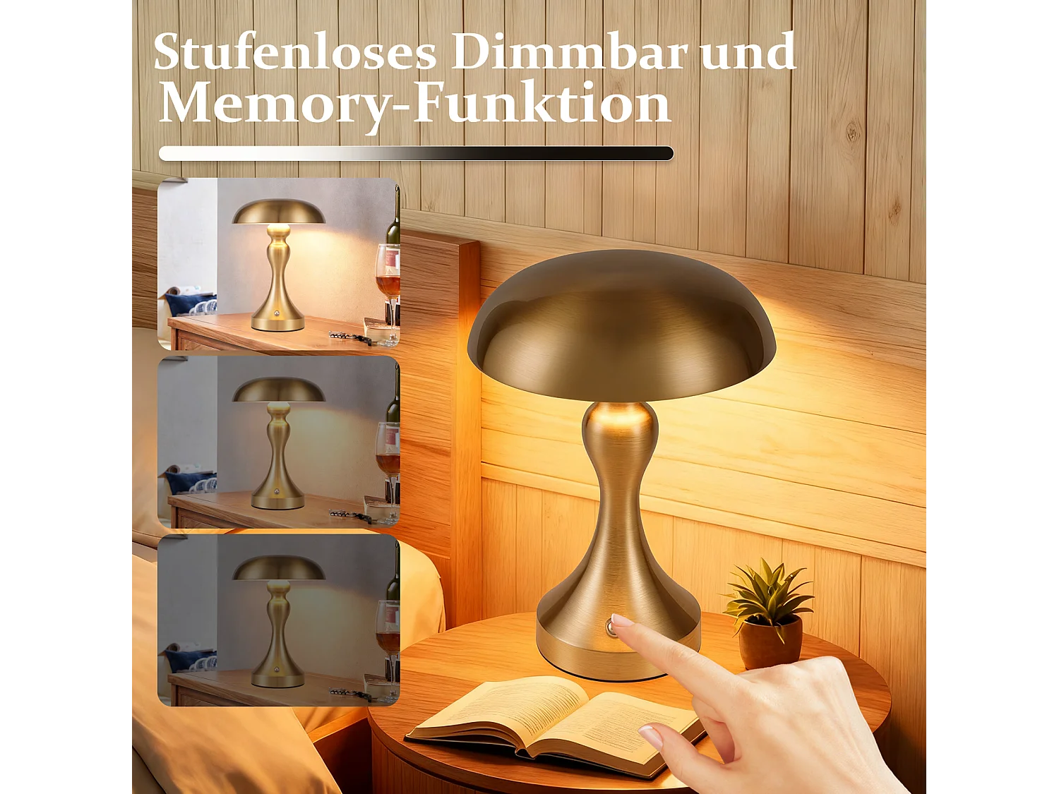 NETTLIFE LED-Nachttischlampe, Touch-dimmbar, kabellos, USB wiederaufladbar, Vintage-Stil