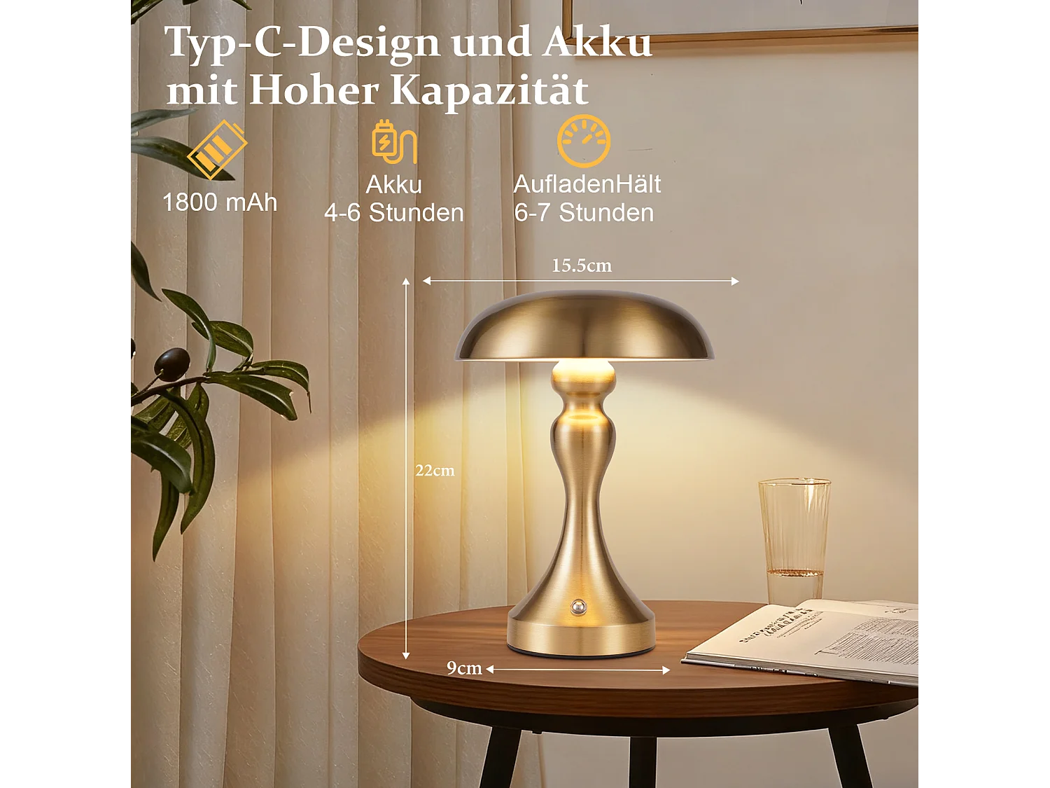 NETTLIFE LED-Nachttischlampe, Touch-dimmbar, kabellos, USB wiederaufladbar, Vintage-Stil