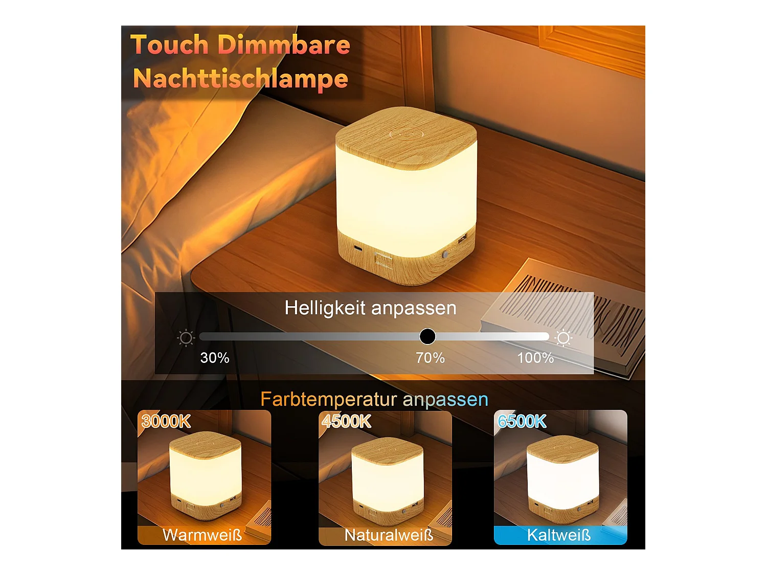 Lampe de table LED NETTLIFE avec 3 températures de couleur, lampe de chevet, batterie 3600 mAh, USB