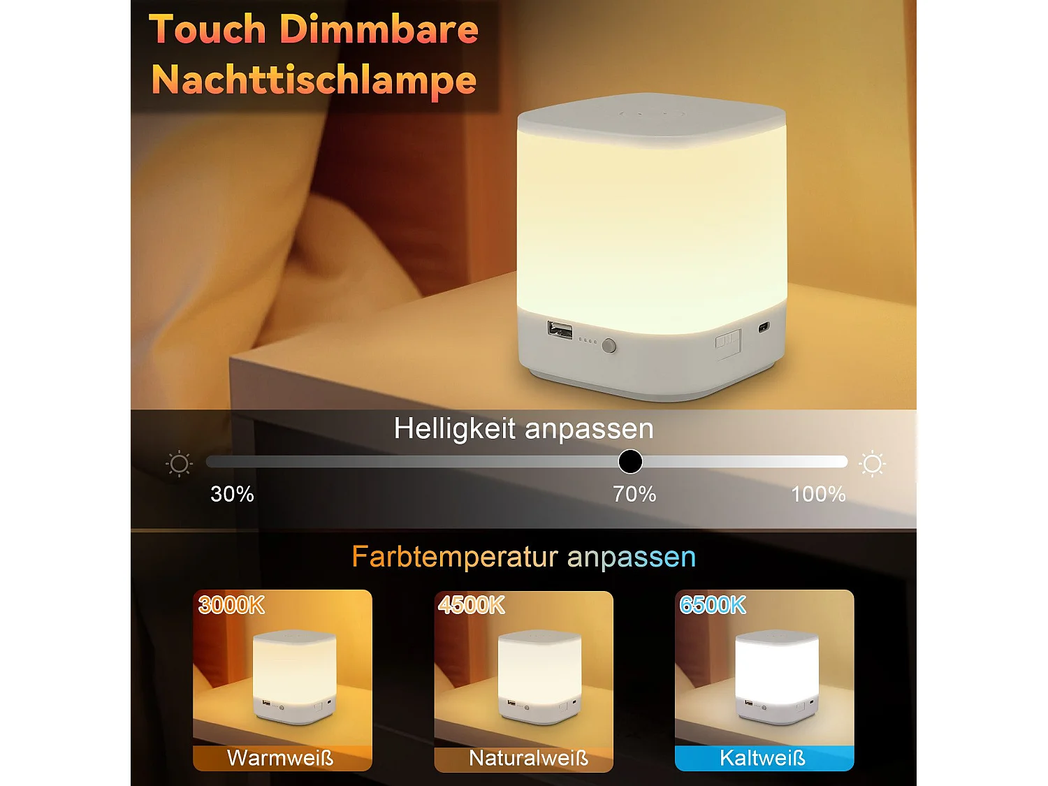 Lot de 2 lampes de table LED NETTLIFE avec 3 températures de couleur, lampe de chevet, batterie 3600 mAH, chargement USB