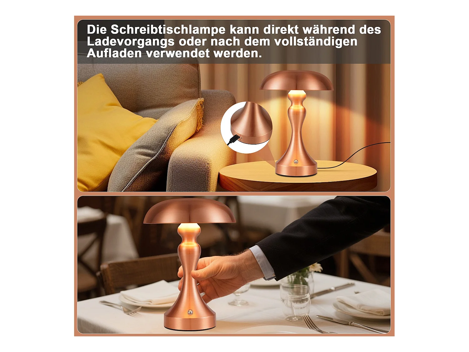 Lámpara de noche LED NETTLIFE, táctil, regulable, inalámbrica, con batería, vintage, recargable por USB