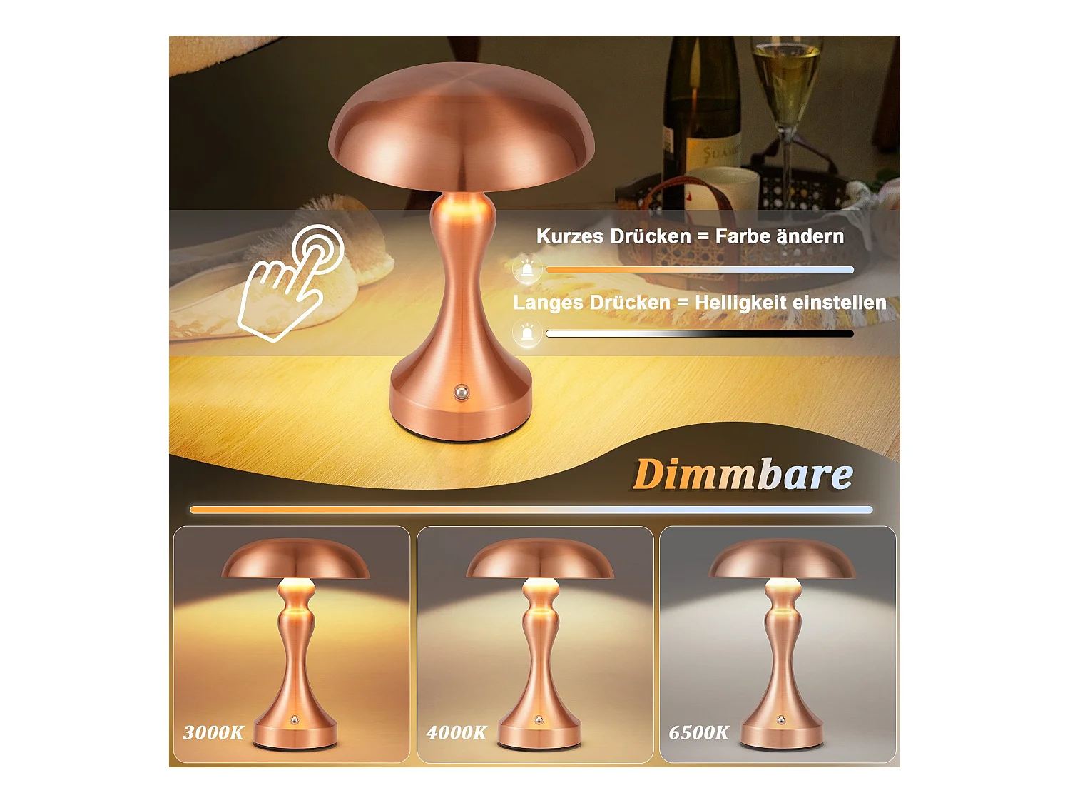 Lampe de chevet LED NETTLIFE tactile, intensité variable, sans fil, rechargeable par USB, style vintage